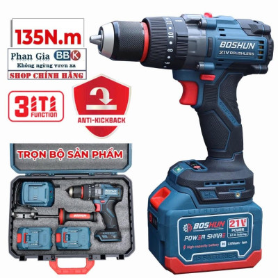 Máy [chính hãƞg] Khoan Pin BOSHUN BS-ID135AK , Anti-kickback, Động cơ Không chổi than 135Nm, 13mm, 3 chức năng