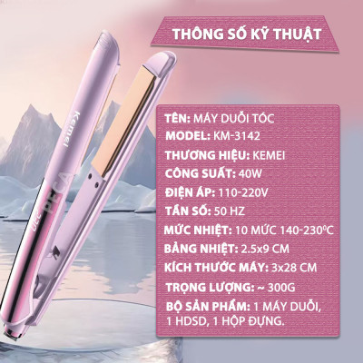 Máy duỗi tóc Kemei KM-3142 điều chỉnh 10 mức nhiệt sử dụng được cho mọi loại tóc - Hàng chính hãng