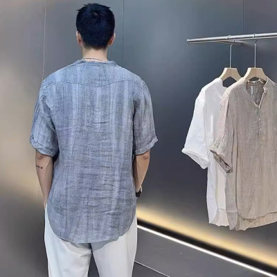 Áo sơ mi đũi nam retro ngắn tay cổ tàu mẫu mới cao cấp