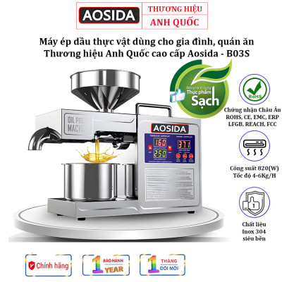 Máy ép dầu thực vật gia đình AOSIDA Anh Quốc B03S Công suất 820W, Năng suất ép 4-6 kg/giờ - Bảo hành 12 tháng, Hàng nhập khẩu
