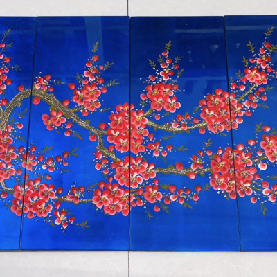 Bộ Tranh 4 tấm sơn mài HOA ĐÀO/ MAI cẩn trứng thích hợp trang trí nhà cửa, văn phòng, làm quà tặng,,....