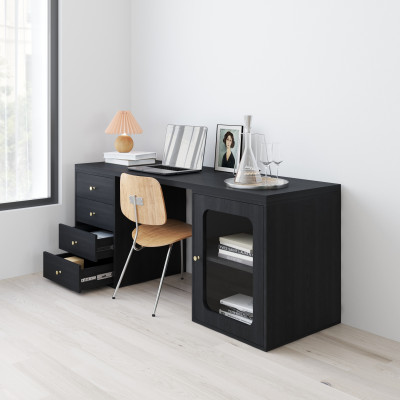 HAPPY FURNITURE , Bàn làm việc 4 ngăn kéo 1 cửa kính - NOAH , BAN_160 , 180cm x 59cm x 75cm DxRxC