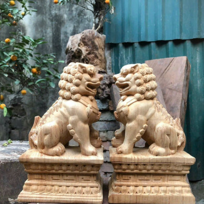 Tượng đôi nghê phong thủy hút tài lộc bằng gỗ ngọc am thơm nức kt cao 20×12×8cm 