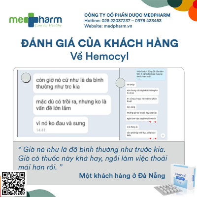 Hemocyl-TPBVSK: Giải pháp đột phá trong quản lý bệnh trĩ mà không cần phẫu thuật-Hỗ trợ cải thiện triệu chứng: đau rát, ngứa, chảy máu khi đi ngoài do trĩ. Ức chế sự phát triển vi sinh vật giúp hỗ trợ cải thiện nguy cơ nhiễm trùng thứ phát tại búi trĩ.