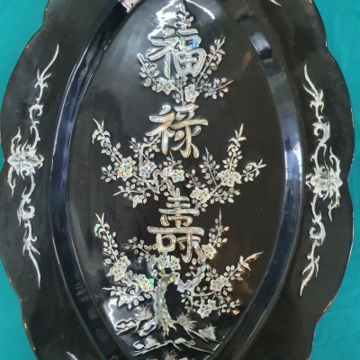 Tranh Dĩa sơn mài cẩn ốc Hoa Mai và chữ Phúc Lộc Thọ