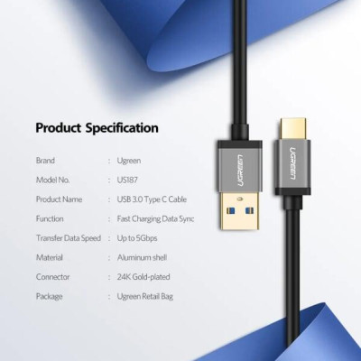 Ugreen UG30533US187TK 1M màu Đen Cáp dữ liệu USB Type-C sang USB 3.0 truyền dữ liệu từ máy tính ra điện thoại - HÀNG CHÍNH HÃNG