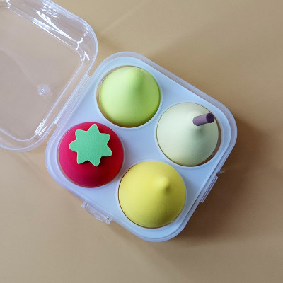 Mút trang điểm 4 món hình  quả trứng ,trái cây  , bông tán phấn  nhiều màu có hộp đựng , xinh xắn  siêu đáng yêu cute