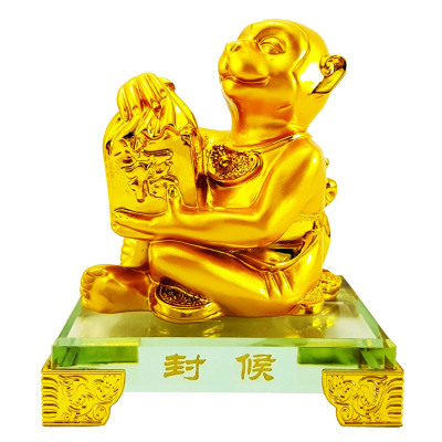 Tượng chú khỉ vàng đế kính thủy tinh cao cấp - Tượng HẦU TÔN ÔM VÀNG - Hàng Nhập Khẩu