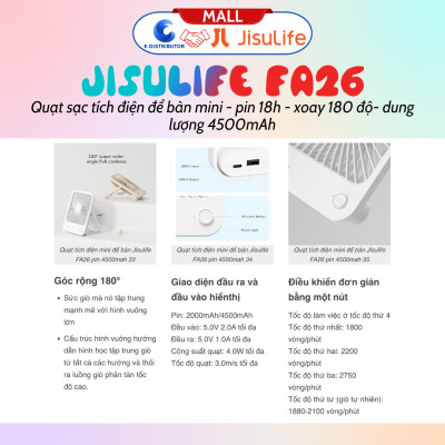 Quạt tích điện mini để bàn Jisulife FA26 - pin 4500mah pin 18 giờ, xoay 180 độ - Hàng chính hãng
