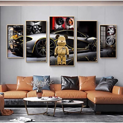 (CÓ ẢNH THẬT) Tranh treo tường tráng gương 5 tấm ghép gấu bearbrick bo viền vàng