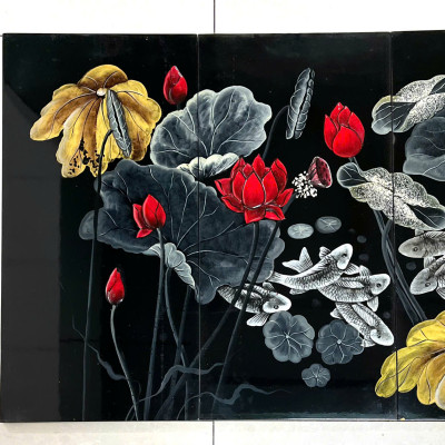 Bộ Tranh sơn mài Thanh Bình Lê 4 tấm- Hoa Sen  đắp nổi 3D size 60x120 cm hàng xuất khẩu