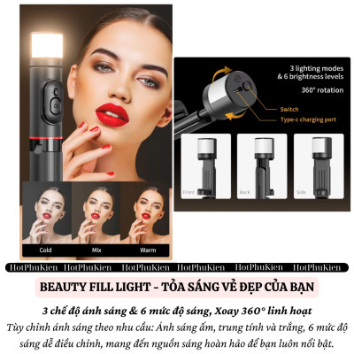 Gậy chụp ảnh selfie 3 chân hiệu HOTCASE WIWU Sharp Film remote bluetooth Xoay 360 độ có đèn flash tích hợp tripod, gập gọn, pin sạc type C, đèn trợ sáng Phụ Kiện - Hàng nhập khẩu