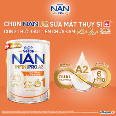 Sữa bột NAN INFINIPRO A2 1 với công thức đầu tiên chứa đạm A2, 6HMO & Lợi khuẩn kép nhập khẩu Thụy Sĩ - Hộp 400g (0 - 12 tháng)
