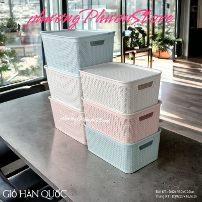 Combo 2 giỏ nhựa đan giả mây đựng đồ kiểu Hàn Quốc có nắp size đại