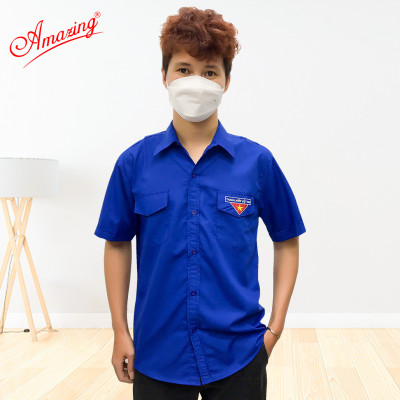 Áo sơ mi đoàn viên nam, đồng phục thanh niên Việt Nam, thêu cờ đỏ sao vàng, 2 túi có nắp và cầu vai