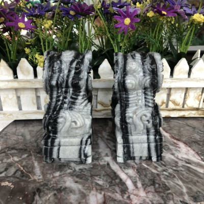 Cặp Kỳ Lân phong thủy đá cẩm thạch vân đen - Cao 12 cm