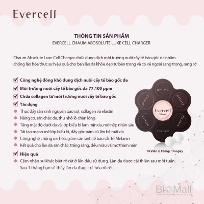 Viên Tế bào gốc đông khô tinh khiết Chống lão hóa EVERCELL Chaum Absolute Luxe Cell Charger 14 viên 