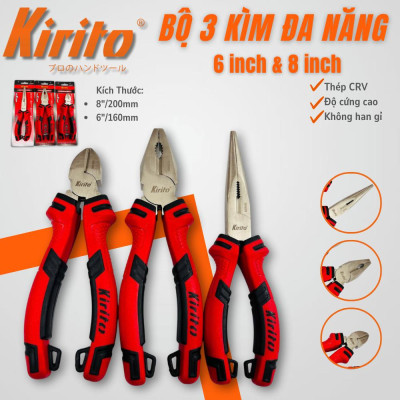 Bộ Kìm Kirito 3 Món Cho Thợ Điện – Thép CR-V – Siêu Bền – Cắt Dây, Uốn, Gắp- Kìm đỏ đen KIRITO
