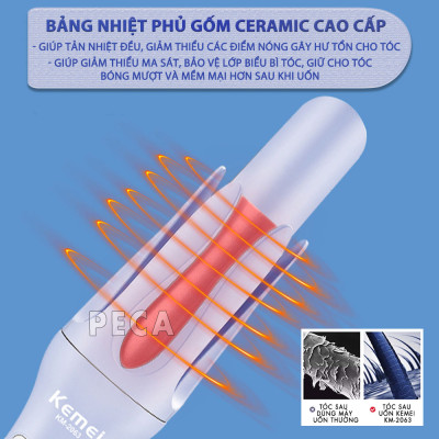 Máy uốn tóc xoay tự động Kemei KM-2063 điều chỉnh 12 mức nhiệt độ phù hợp với mọi loại tóc - Hàng chính hãng