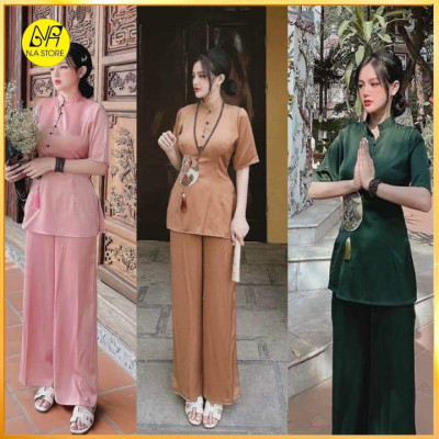 Đồ Lam Nữ Đi Chùa - Bộ Cổ Trụ Thêu Hạt Đính Ngọc Bội Tàu AL025