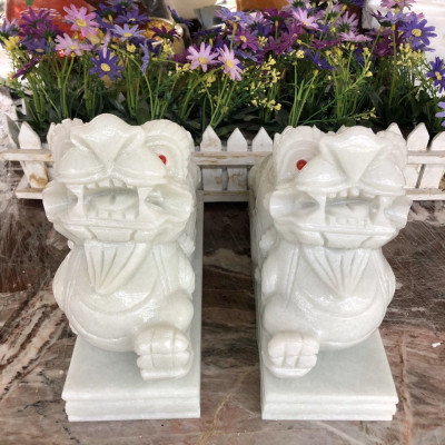 Cặp Tỳ Hưu phong thủy đá cẩm thạch trắng xanh - Dài 25 cm