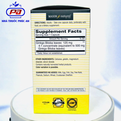 Viên uống bổ não hỗ trợ ngăn ngừa đột quỵ Mason Natural Ginkgo Biloba Mỹ 60 viên