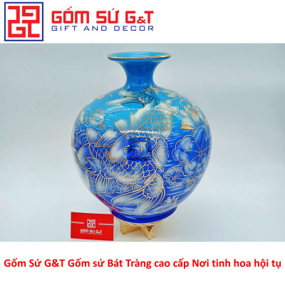 Bóng hút tài lộc cá chép trông trăng vẽ vàng kim Gốm Sứ G&T