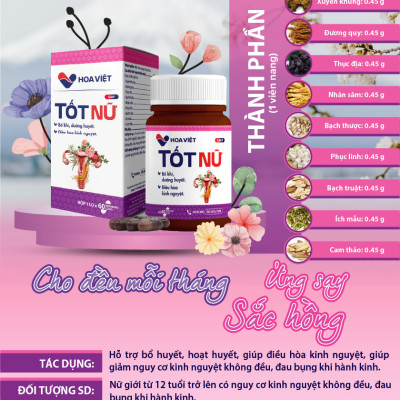 Cân bằng nội tiết tố nữ bổ huyết điều hoà kinh nguyệt Tốt Nữ Hoa Việt hộp 60 viên