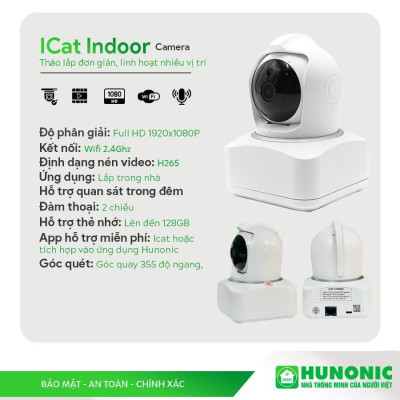Camera Wifi Hunonic Icat 1080P Xoay 360 Độ, Theo Dõi Chuyển Động, Đàm Thoại 2 Chiều - Hàng Chính Hãng, Bảo Hành 2 Năm
