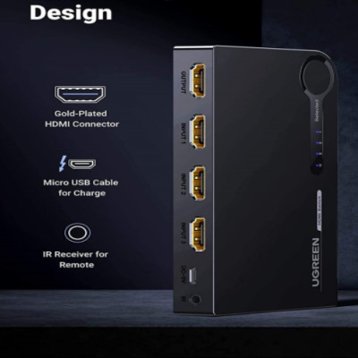 Ugreen 90800 4K60Hz Bộ gộp HDMI 2.0 3 vào 1 ra kèm cáp cấp nguồn USB-C dài 1M + remote cm598 - Hàng chính hãng