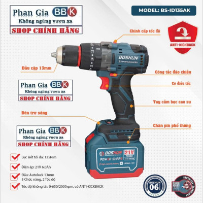 Máy [chính hãƞg] Khoan Pin BOSHUN BS-ID135AK , Anti-kickback, Động cơ Không chổi than 135Nm, 13mm, 3 chức năng