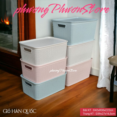 Combo 2 giỏ nhựa đan giả mây đựng đồ kiểu Hàn Quốc có nắp size đại