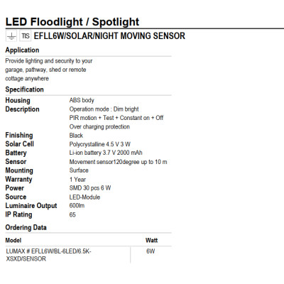 ĐÈN PHA NĂNG LƯỢNG MẶT TRỜI, LUMAX#EFLL6W/BL-6LED/6.5K-XSXD/SENSOR
