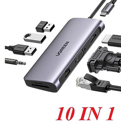 Ugreen UG80133CM179TK 10 trong 1 màu xám bộ chuyển đổi hub type C ra 3 x usb A 3.0 + 4k HDMI + 1080P VGA + RJ45 LAN Gigabit + đọc thẻ SD-TF + AUX 3.5mm audio + 65w PD Power - HÀNG CHÍNH HÃNG