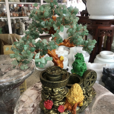 Cây Tài Lộc với tiểu cảnh thiềm thừ cóc ngậm tiền và tỳ hưu phong thủy đá thạch anh xanh - Cao 30 cm