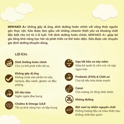 Combo 4 Hộp Sữa Công Thức Hữu Cơ Miwako A+ Vị Vani 400g (1.6Kg) Nhập Khẩu Malaysia, Sữa Hạt Cho Bé Từ 1 - 6 Tuổi Giúp Phát Triển Trí Não Chiều Cao