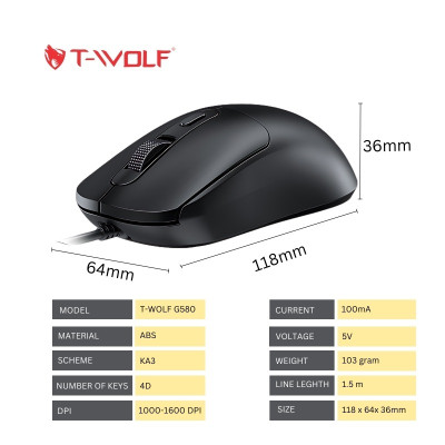 Chuột T-WOLF G580 Black LED RGB USB Gaming (Black,white/USB/1600dpi/4 key/1.5m) - Hàng Chính Hãng