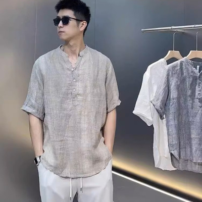 Áo sơ mi đũi trơn ngắn tay nam phối cúc đơn giản tinh tế, thanh lịch