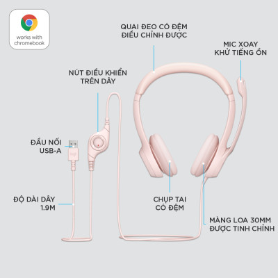 Tai nghe có dây Logitech H390 dành cho PC, Laptop, âm thanh nổi với Micrô khử tiếng ồn, USB-A, các nút điều khiển trên dây - Hàng chính hãng