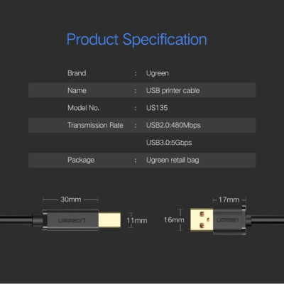 Ugreen UG10352US135TK 5M màu Đen Cáp USB 2.0 sang USB B máy in đầu mạ vàng - HÀNG CHÍNH HÃNG