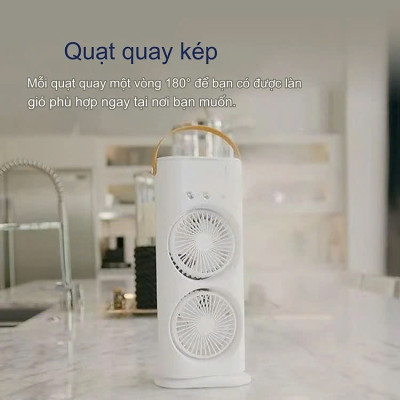 Quạt Hơi Nước Có Tích Điện, Quạt Phun Sương Mini 4 cánh, Quạt Để Bàn 2 Tầng Có Đèn Led, remote Tiện Lợi - Hàng Chính Hãng Double ended Spray Fan, Máy tạo ẩm