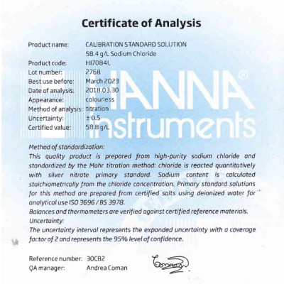 Dung Dịch Chuẩn Độ Mặn Natri Clorua 58.4 g/L NaCl Để Kiểm Tra Hoặc Hiệu Chuẩn Bất Kỳ Máy Đo độ mặn nào tại điểm 58.4 g/L, 500mL, HANNA HI7084L - Kèm COA và SDS