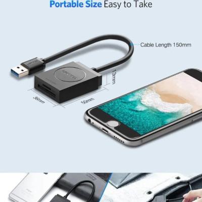 Ugreen UG20250CR127TK 15CM màu Đen Bộ chuyển USB 3.0 sang đọc thẻ TF + SD cao cấp - HÀNG CHÍNH HÃNG