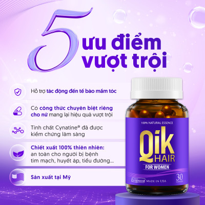 Combo 4 hộp 30 viên tặng 1 hộp 15 viên] Viên uống QIK HAIR for Women hỗ trợ giảm rụng, mọc tóc chắc khỏe