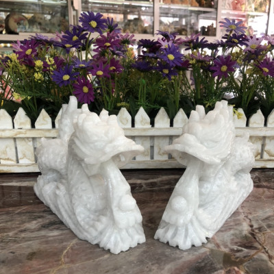 Cặp Rồng nằm phong thủy đá cẩm thạch trắng - Dài 20 cm