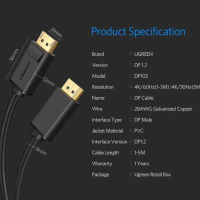 Ugreen UG10212DP102TK 3M Màu Đen Cáp 2 Đầu Displayport chuẩn V1.2 thuần đồng - HÀNG CHÍNH HÃNG