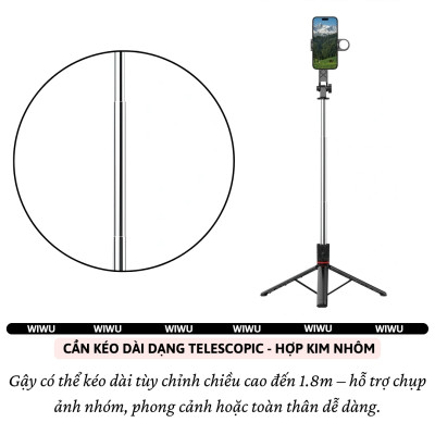 Gậy chụp ảnh selfie tự sướng kiêm tripod 3 chân, đèn Flash trợ sáng hiệu WlWU Wi-SEO15 - Tích hợp remote control bluetooth, Xoay 360 độ, thân nhôm, kéo dài 1,8m, chắc chắn, bền bỉ, gập gọn, pin sạc type C cho iPhone Oppo Samsung - Hàng nhập khẩu