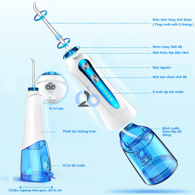 Tăm nước cầm tay H2ofloss HF-6. Tăm nước 5 chế độ, 5 đầu tăm đa chức năng, túi vải đựng máy, pin sử dụng tối đa 21 ngày, tặng kèm củ sạc nguồn thấp
