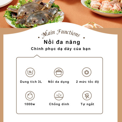 Nồi Lẩu Điện Đa Năng Chống Dính 3 Lít 1000W KONKA KZG-HP03 - HÀNG CHÍNH HÃNG 