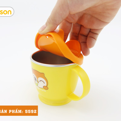 Đồ dùng ăn dặm cho bé MADE IN KOREA -Cốc tập uống Inox 2 lớp có nắp đậy Silicon Edison hình Cú mèo (Quai 2 bên) 5592